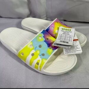 Crocs Classic Tie Dye Womens Slides Unisex Graphic Beach Sandals New M 7/W9